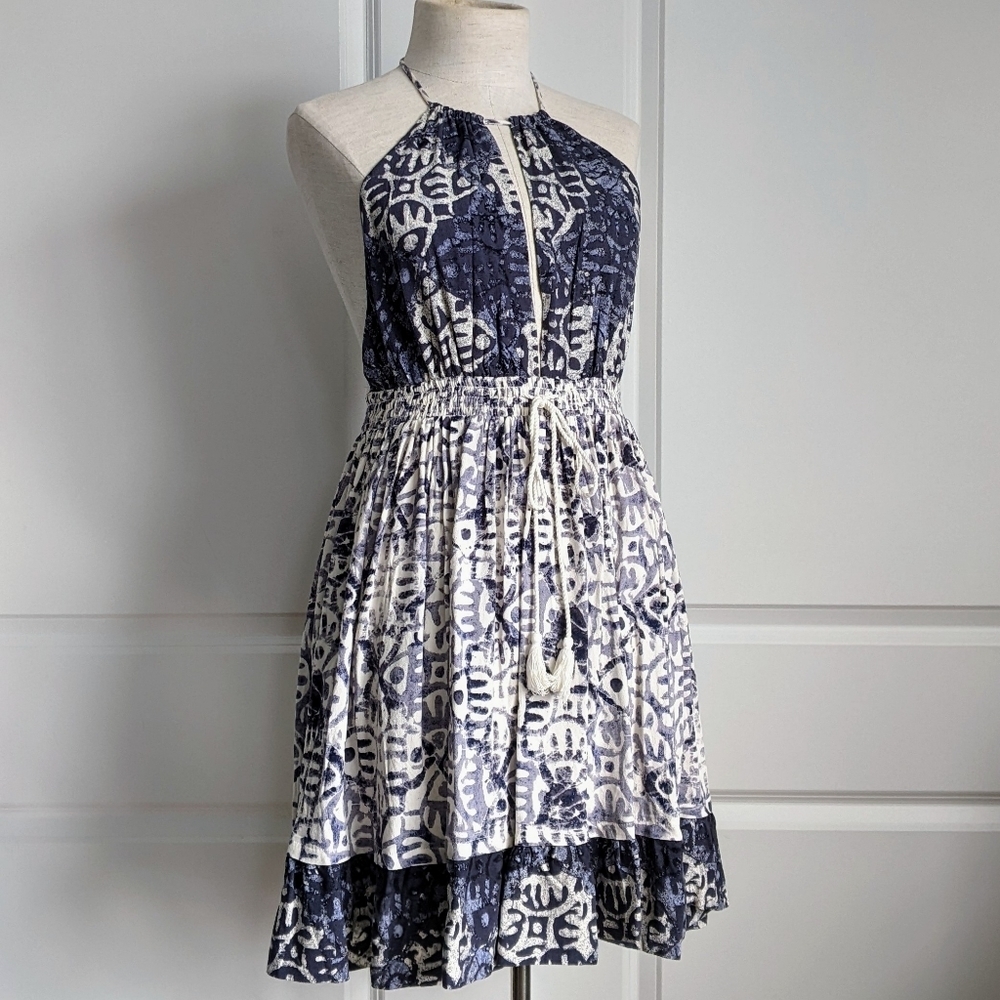 Free People Mini Dress Halter Neck Sleeveless Open Back Batik Blue Ivory S NWT